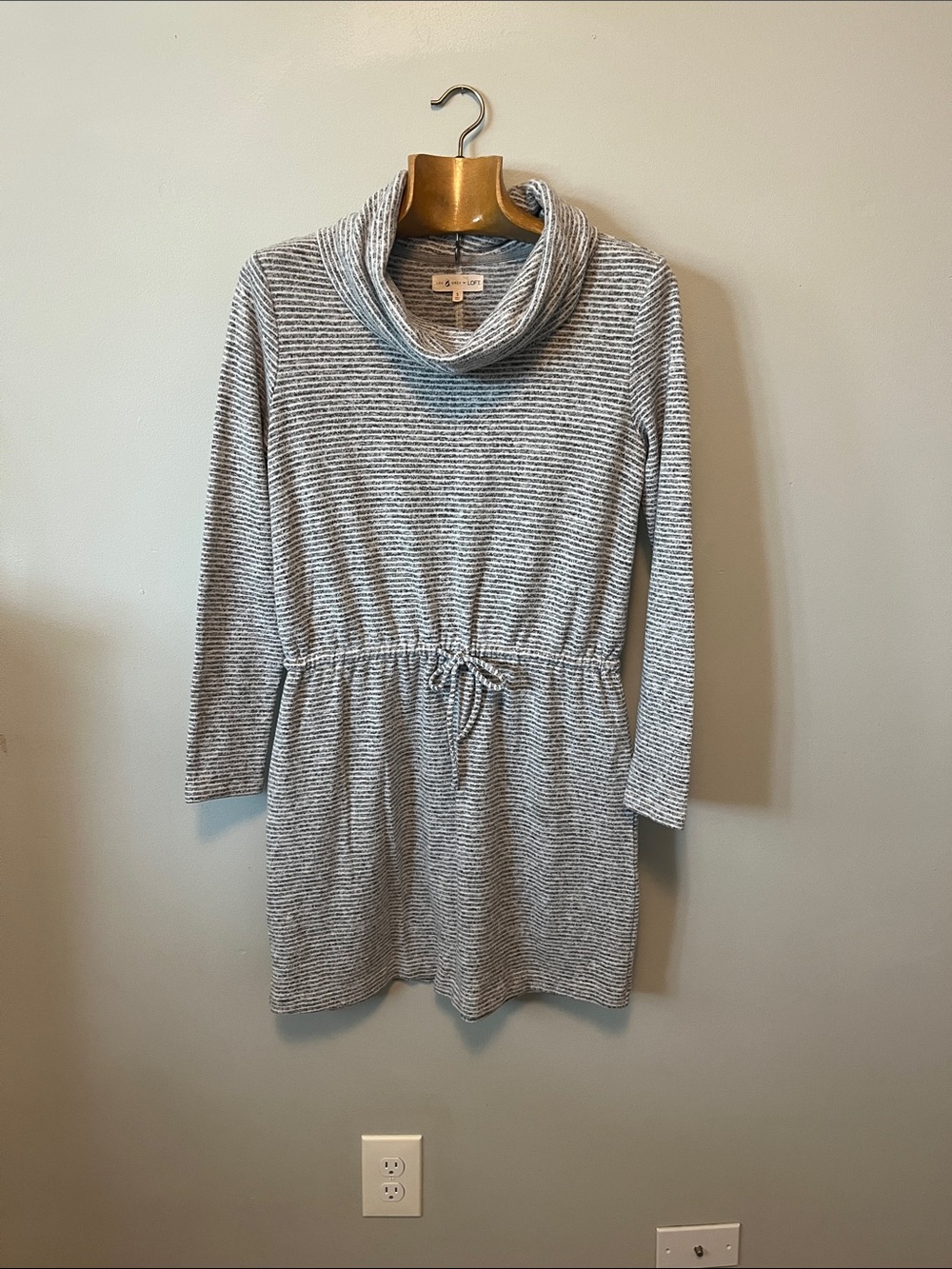 LOFT Striped Cowl Neck Drawstring Sweater Mini Dress - Gray/White